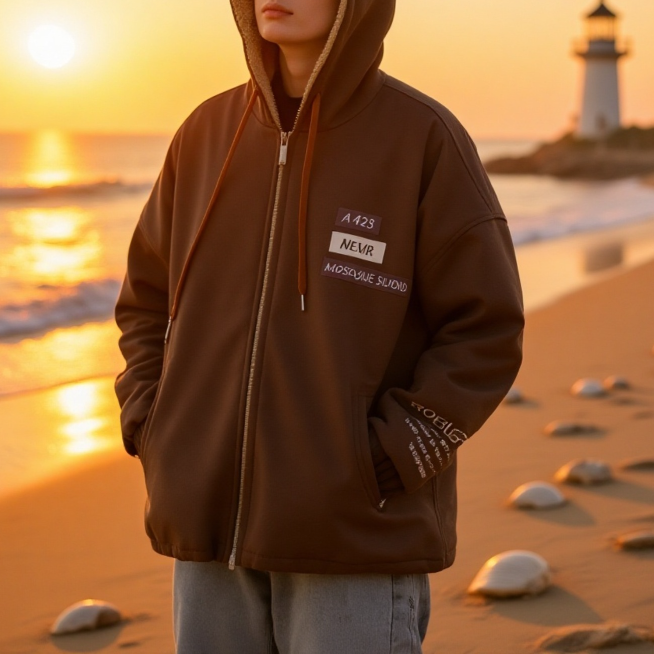 羊羔ボア綿入りジャケット ゆったり刺繍入りフード付きアウター アメリカンヴィンテージ風