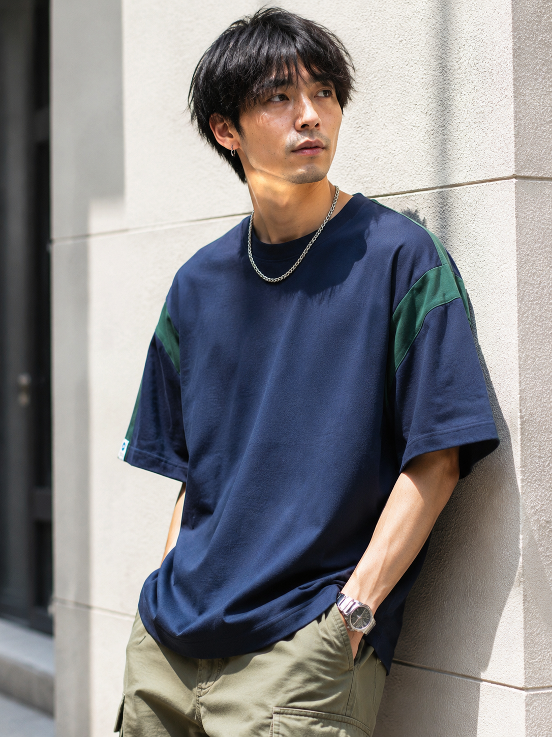 夏のトレンド日系配色ショルダー半袖Tシャツ メンズ