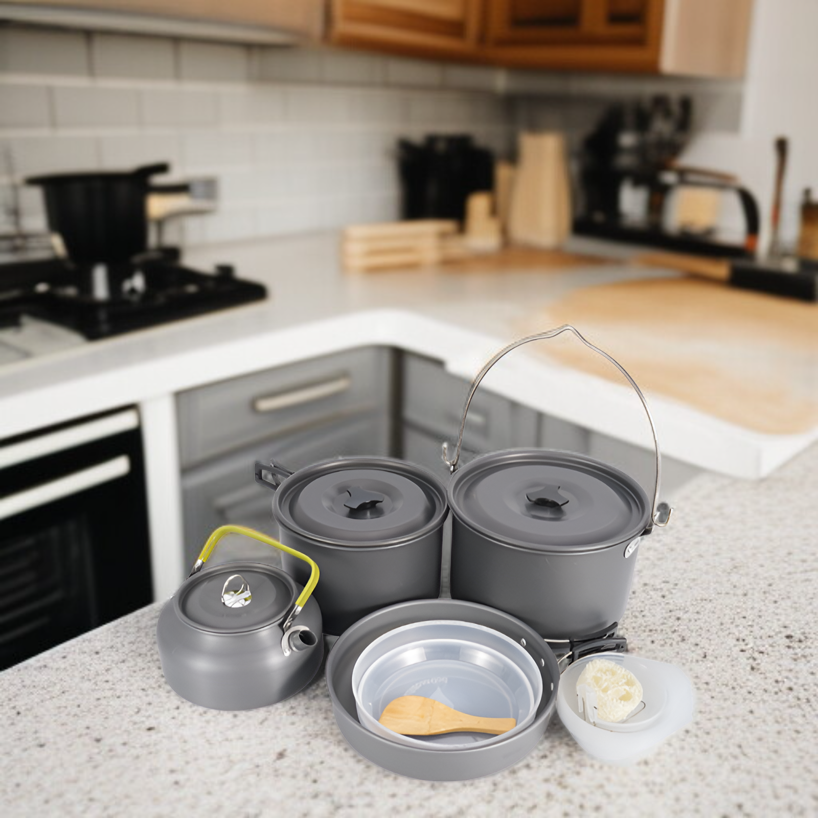 Picknick-Kochset für Familie, 5-6 Personen, Antihaft-Kessel und Topfset