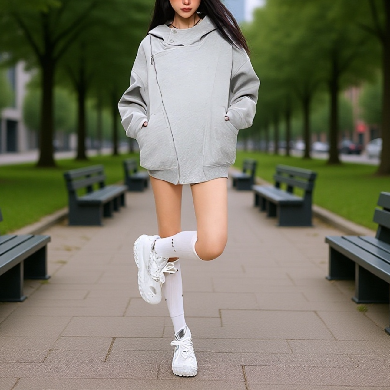 ゆったりダブルファスナー付きパーカー女性用