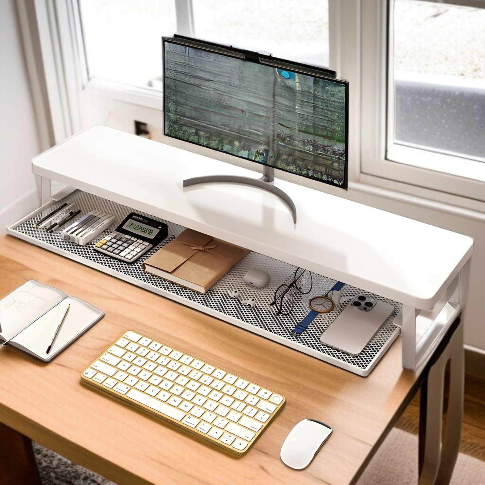 Monitorständer mit Schublade und Schiebefach, zweistöckig, für 50/70/100cm breite Tische