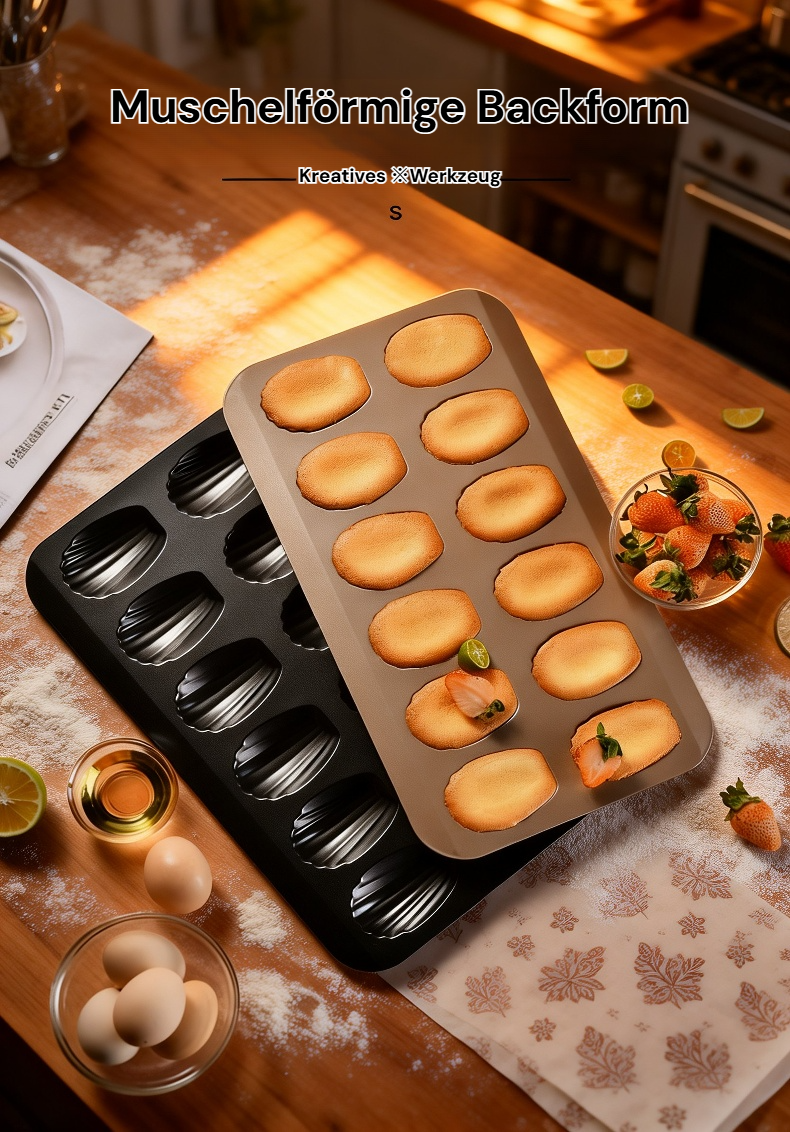 Goldene 12er Antihaft-Karbonstahl-Backform für französische Madeleines