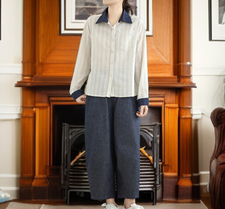 여성 스트라이프 터틀넥 셔츠 앞면 디테일