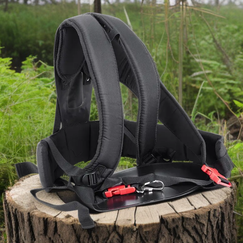 Comfortable double shoulder harness with protective panel for lawnmower