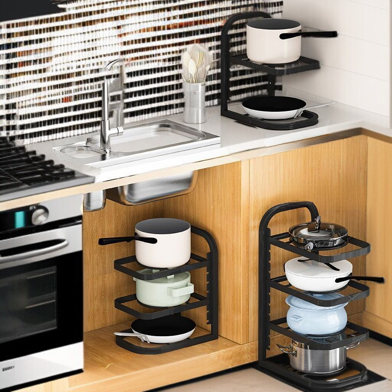 キッチン多段棚高さ調節可能収納棚 フライパンクリップオーガナイザー シンク下コーナー折りたたみキッチンポットラック