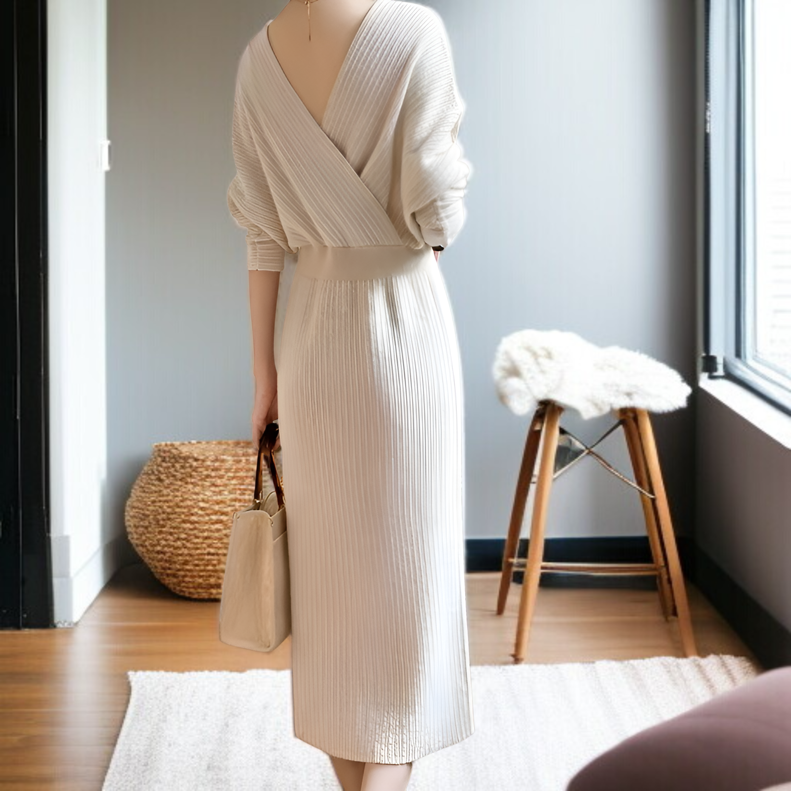 秋冬新作 韓国風Vネックタイトニットワンピース 長袖スリムフィット レディース