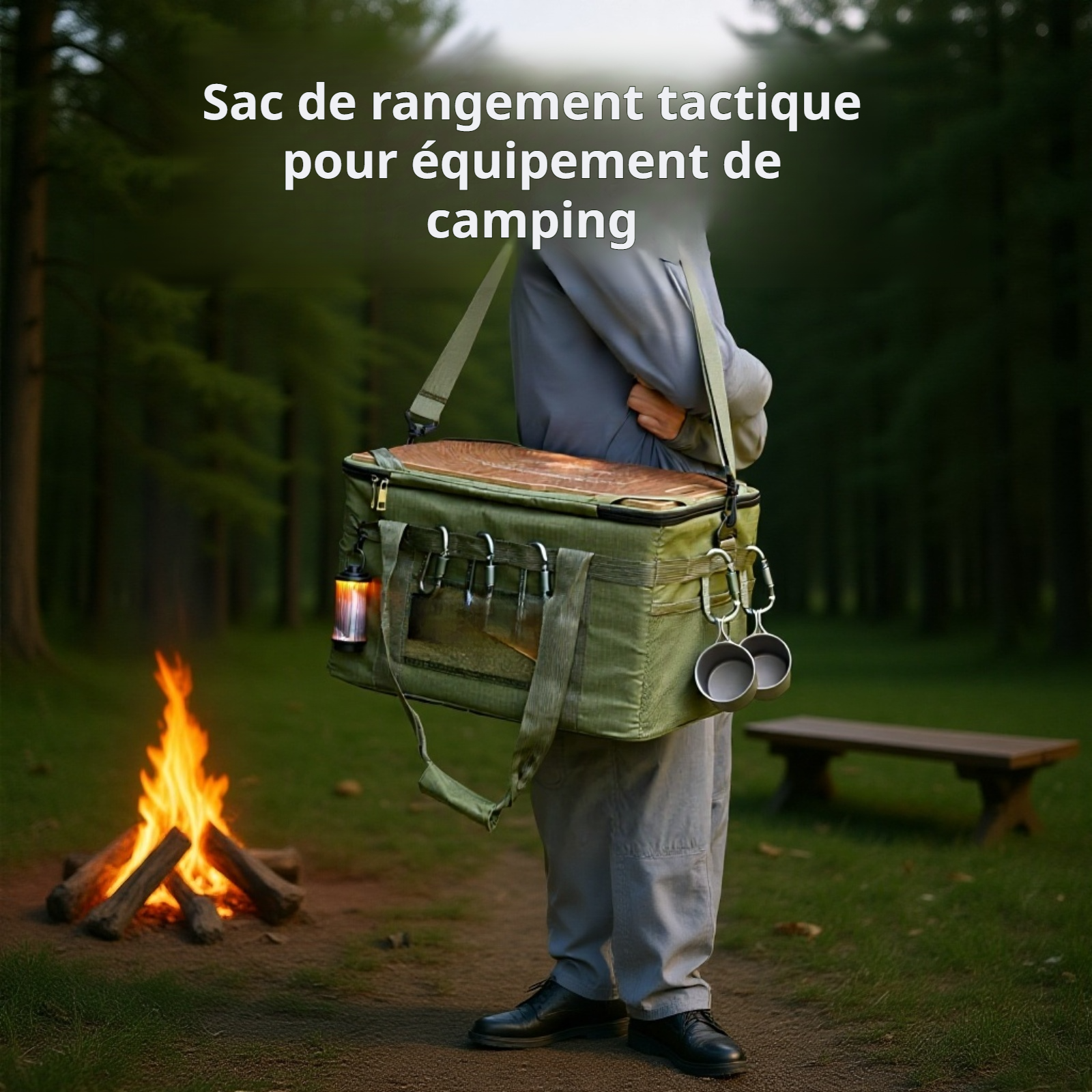 Sac de camping multifonction avec table intégrée en utilisation en pleine nature