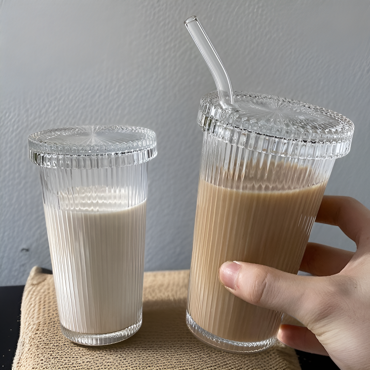 時尚帶蓋吸管豎條紋水杯奶咖飲品杯