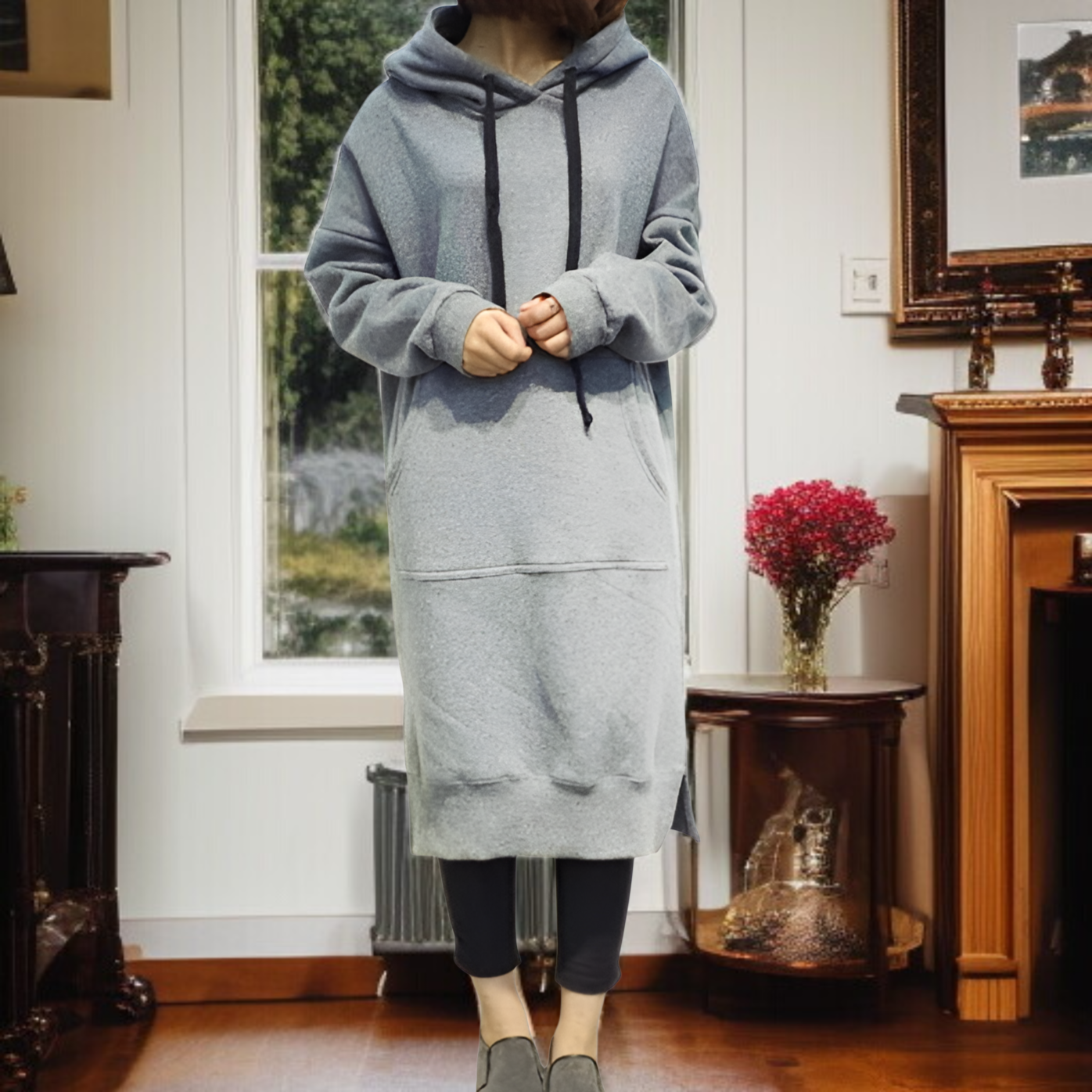 レディース大きいサイズ無地ロングカジュアルパーカーコート