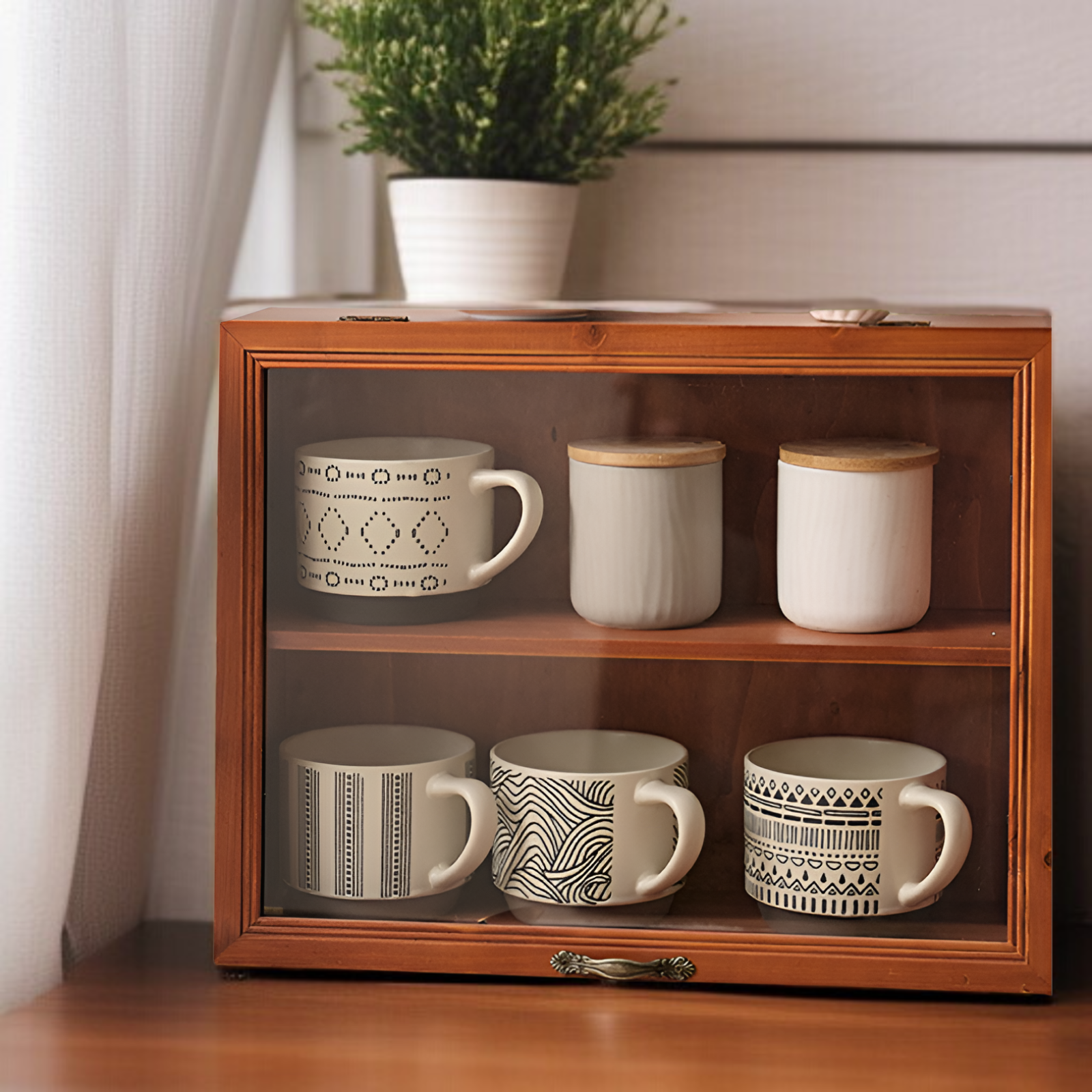 デスクトップコーヒーカップ収納ボックスマグカップティーセットディスプレイキャビネット無垢材ウォーターカップ化粧品アイテムレトロ蓋付き