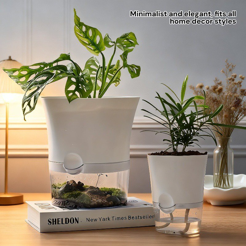 Lazy self-watering plastic succulent planter on windowsill