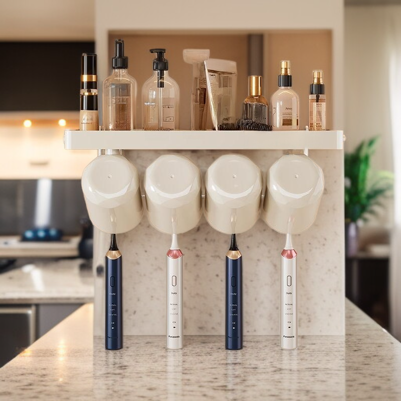 Wiszący na ścianie stojak na szczoteczki i kubki do płukania ust bez wiercenia do łazienki