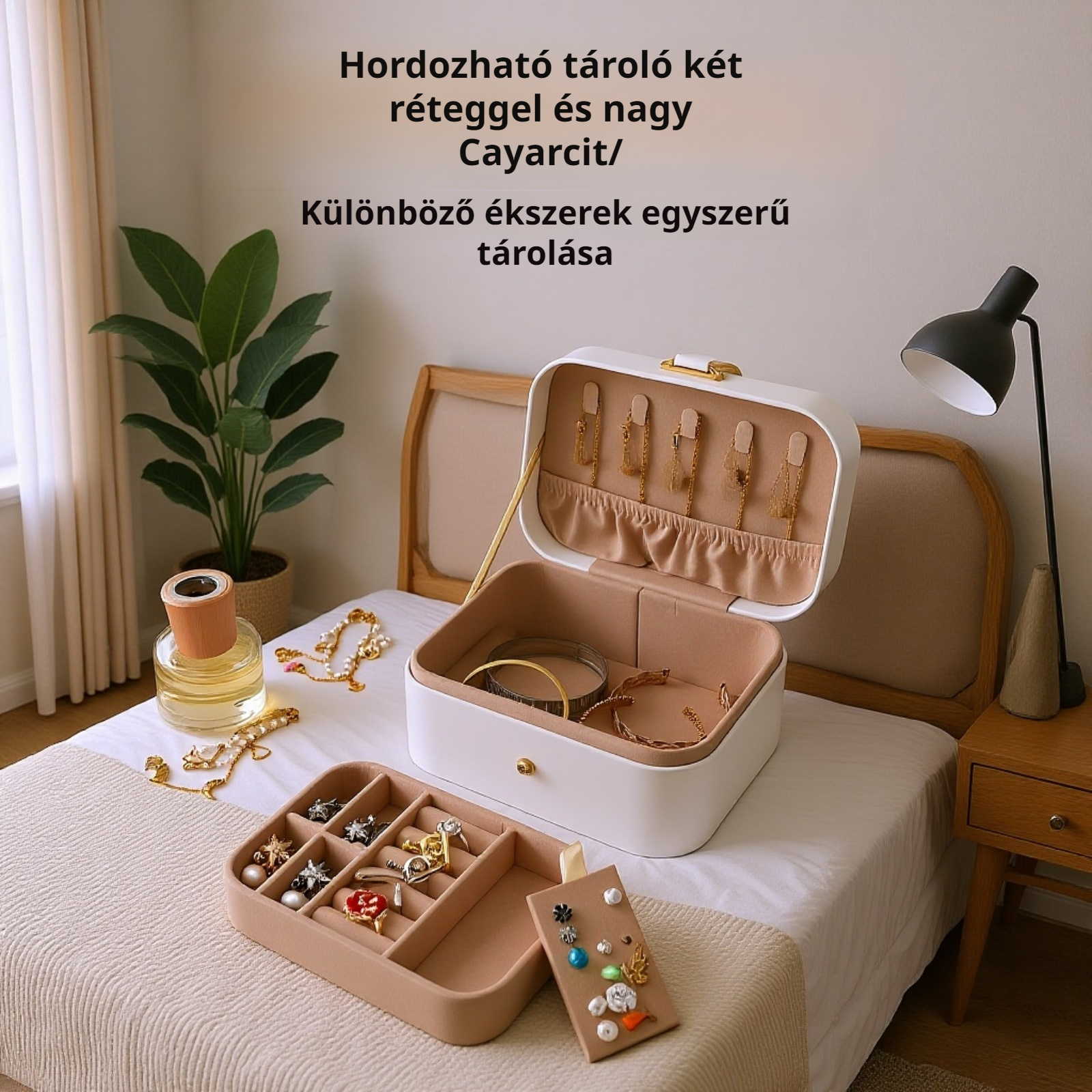  Két szintes utazó ékszerdoboz gombos fedéllel, hordozható tárolódoboz