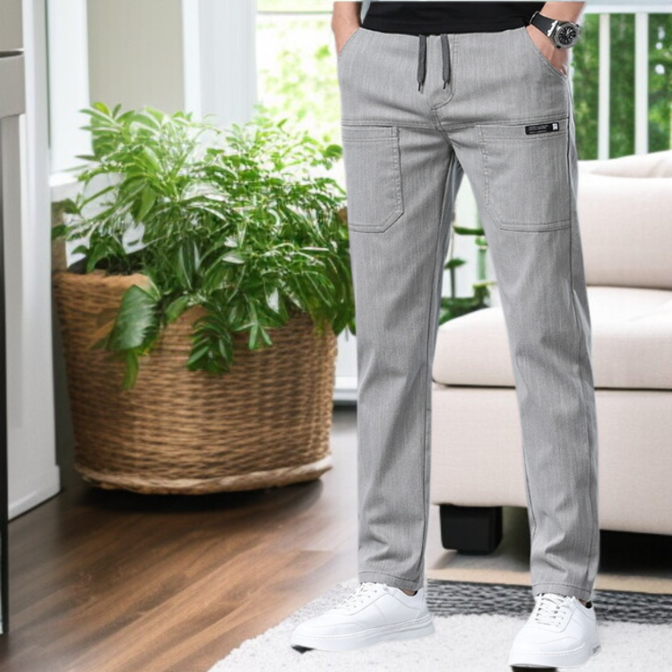 남자 여름 캐주얼 팬츠 작은 일자 아이스 원단 고탄력 팬츠 디자인 남자 데님라이크 6포켓 밴딩 허리 얇은 캐주얼 팬츠