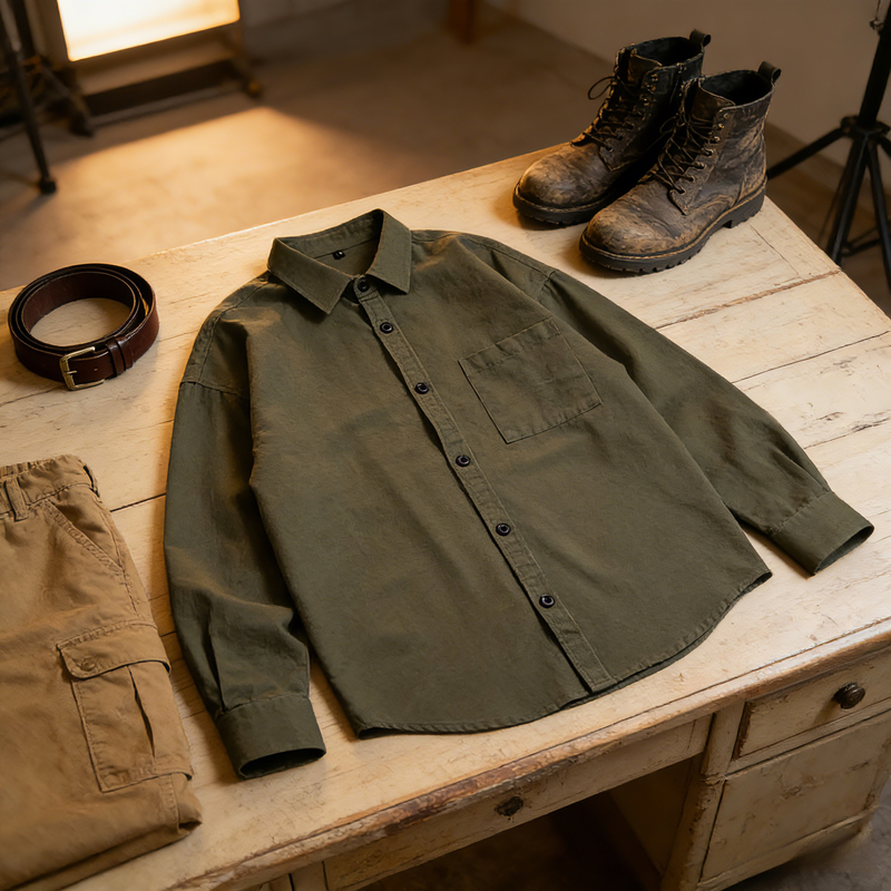 メンズ春用ヴィンテージワークスタイル長袖シャツ