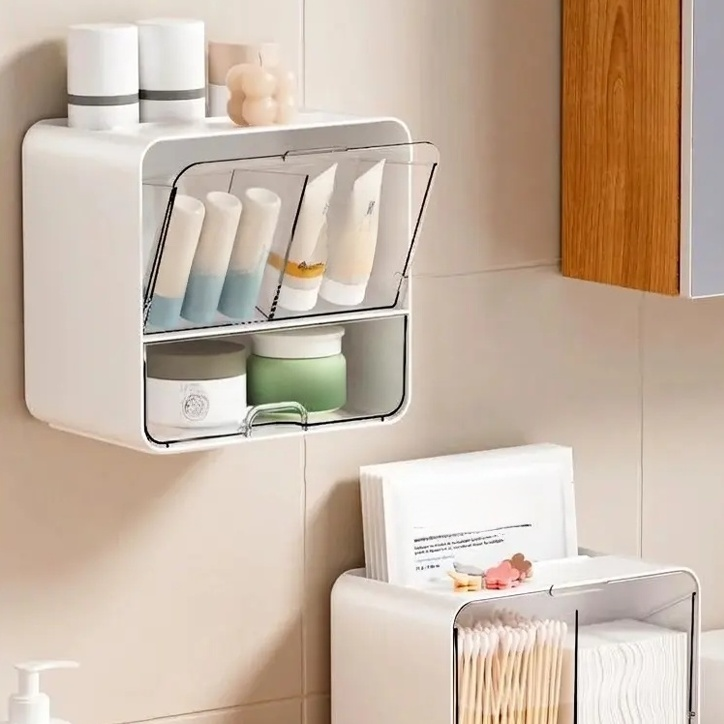 壁掛け式のバスルームミラーキャビネット収納ボックス。フェイスタオル、トイレ用綿棒、化粧品などを収納できます。