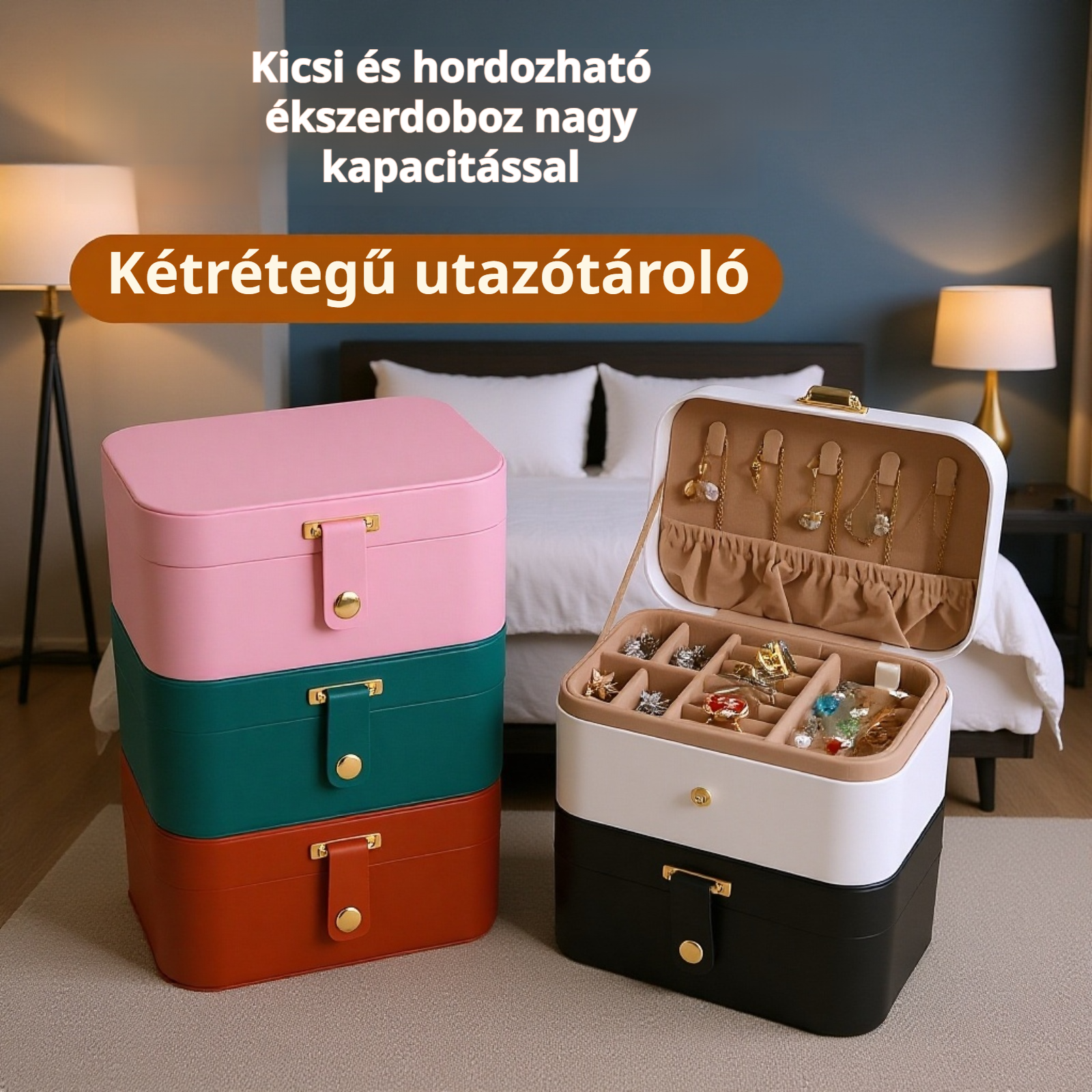  Két szintes utazó ékszerdoboz gombos fedéllel, hordozható tárolódoboz