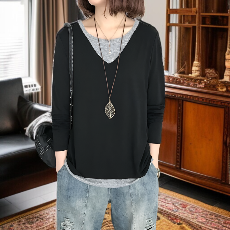 レディース秋長袖Tシャツ、秋パッチワークフェイクツーピースセット、新韓国スタイルカジュアルシックトップス、Tシャツベースレイヤー