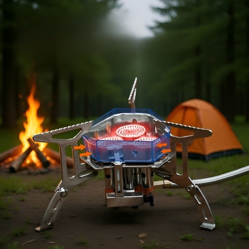 屋外調理に適した、3 つの防風バーナーヘッドを備えたポータブル カセット ストーブです。