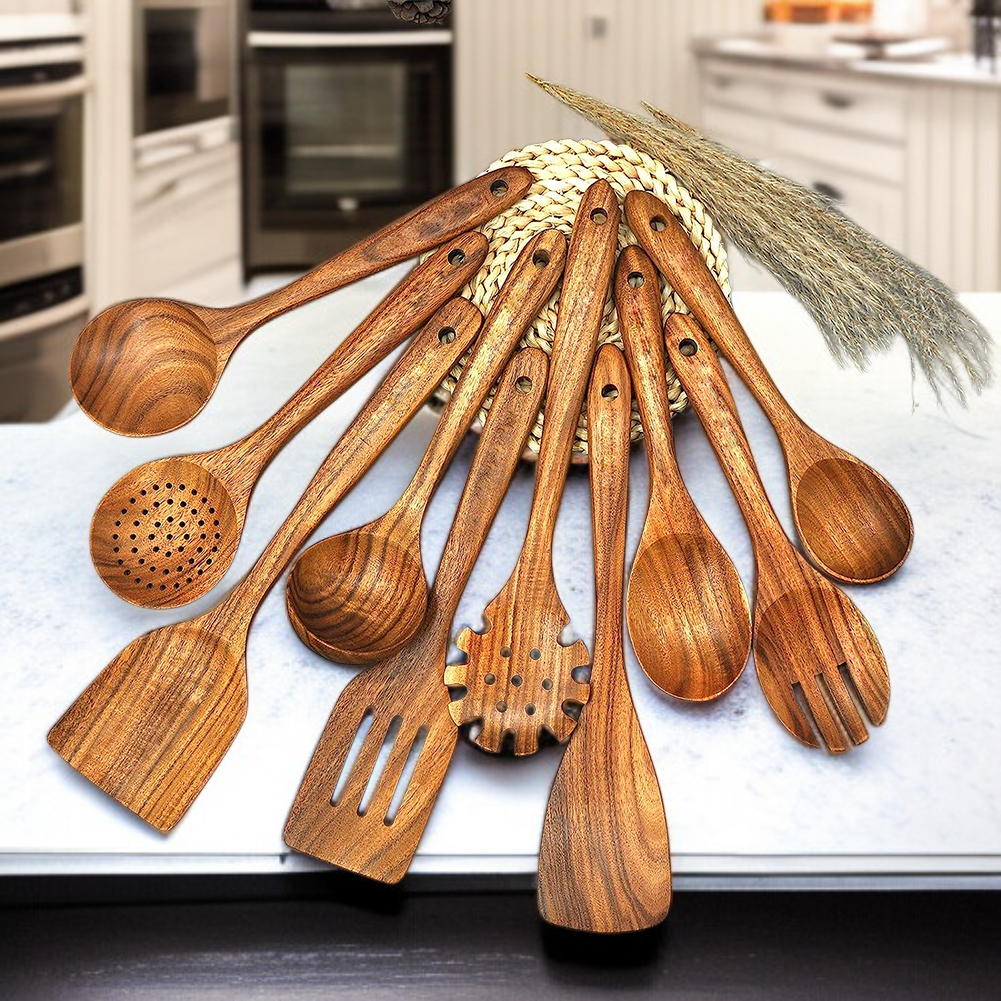Küchenhelfer Set aus Holz – Kochlöffel, Schöpfkelle, Lochkelle, Pastalöffel, Küchenausstattung