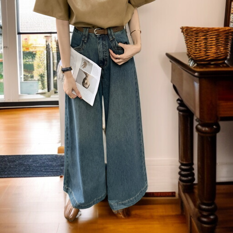 여성 와이드 데님 일자 팬츠 배라인 몸매 가림 하이웨스트 와이드 팬츠 처짐 작은 키 빈티지 팬츠