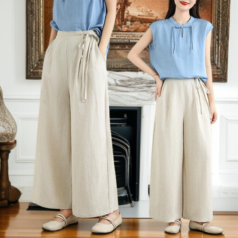 여름 얇은 면 마 문예 와이드 일자 와이드 팬츠 9부 캐주얼 바지 여#760