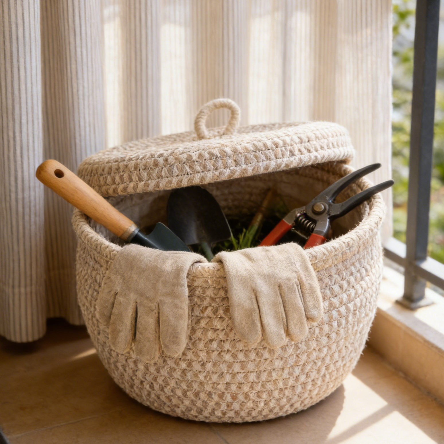 거실에 배치된 뚜껑 있는 원형 바구니