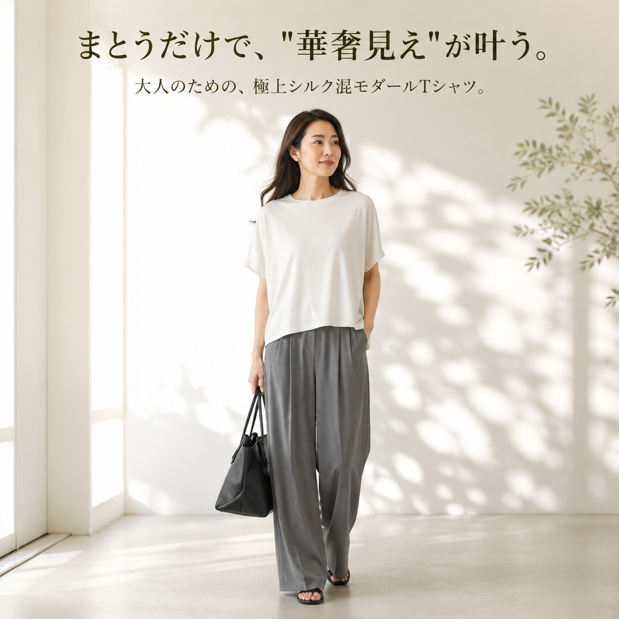 日本風スリム見えゆったりシルクモダールTシャツ レディース