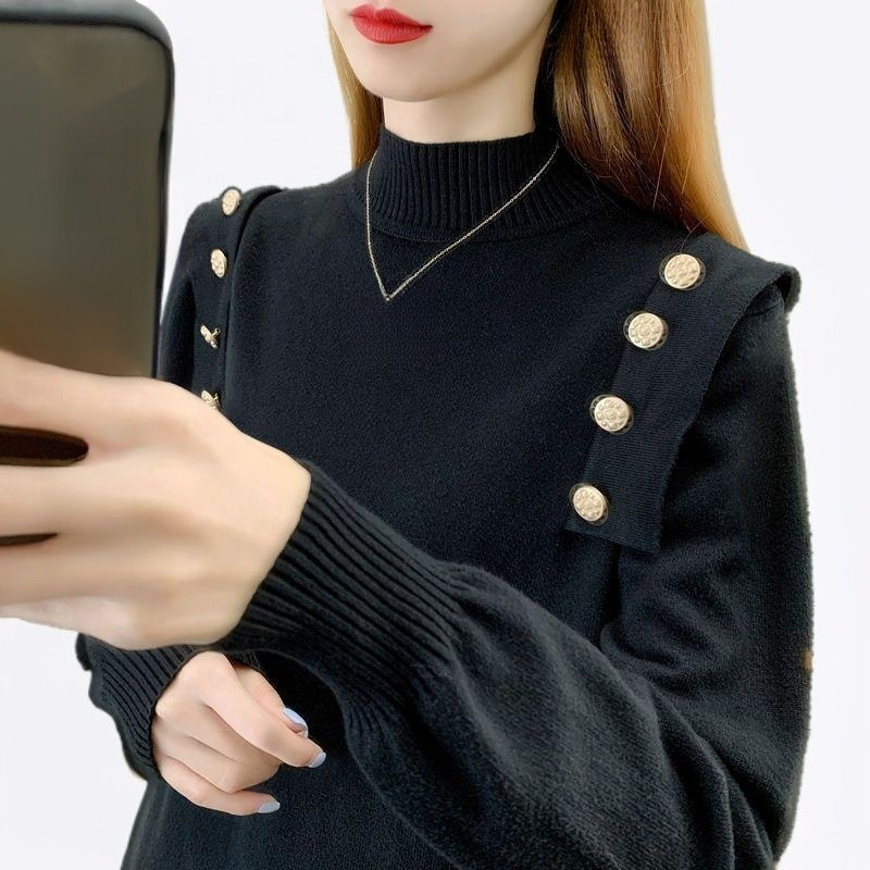 가을 겨울 신상품 여성용 풀오버 하프 터틀넥 스웨터 두꺼운 바닥 버튼 스웨터 상의
