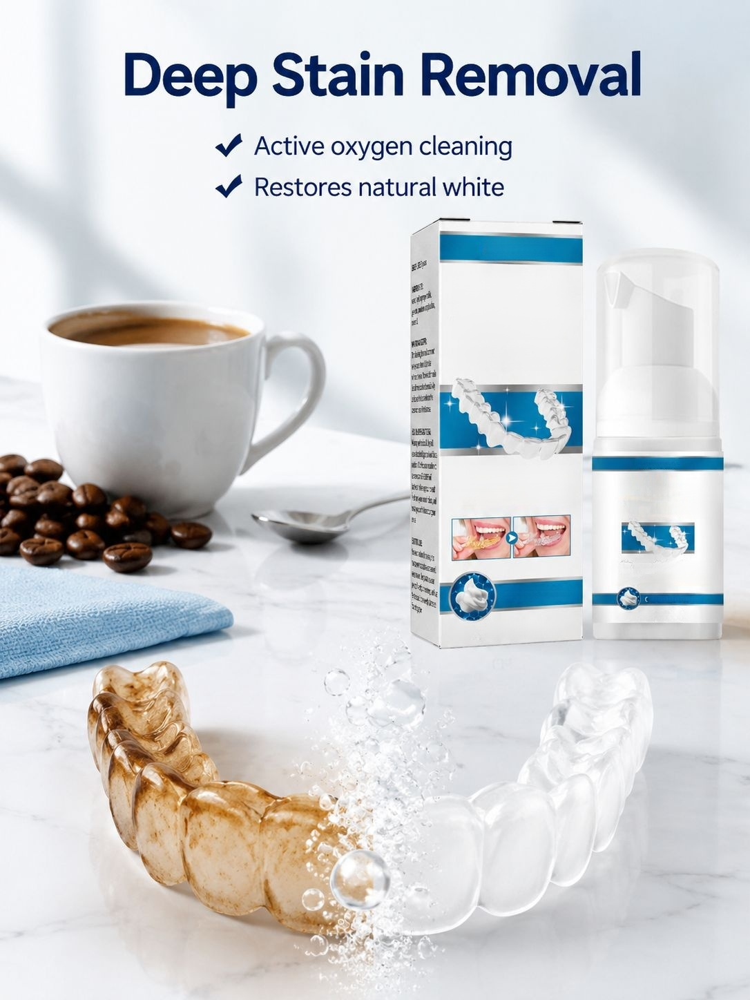 Hands using EELHOE Denture Care Kit to clean dentures