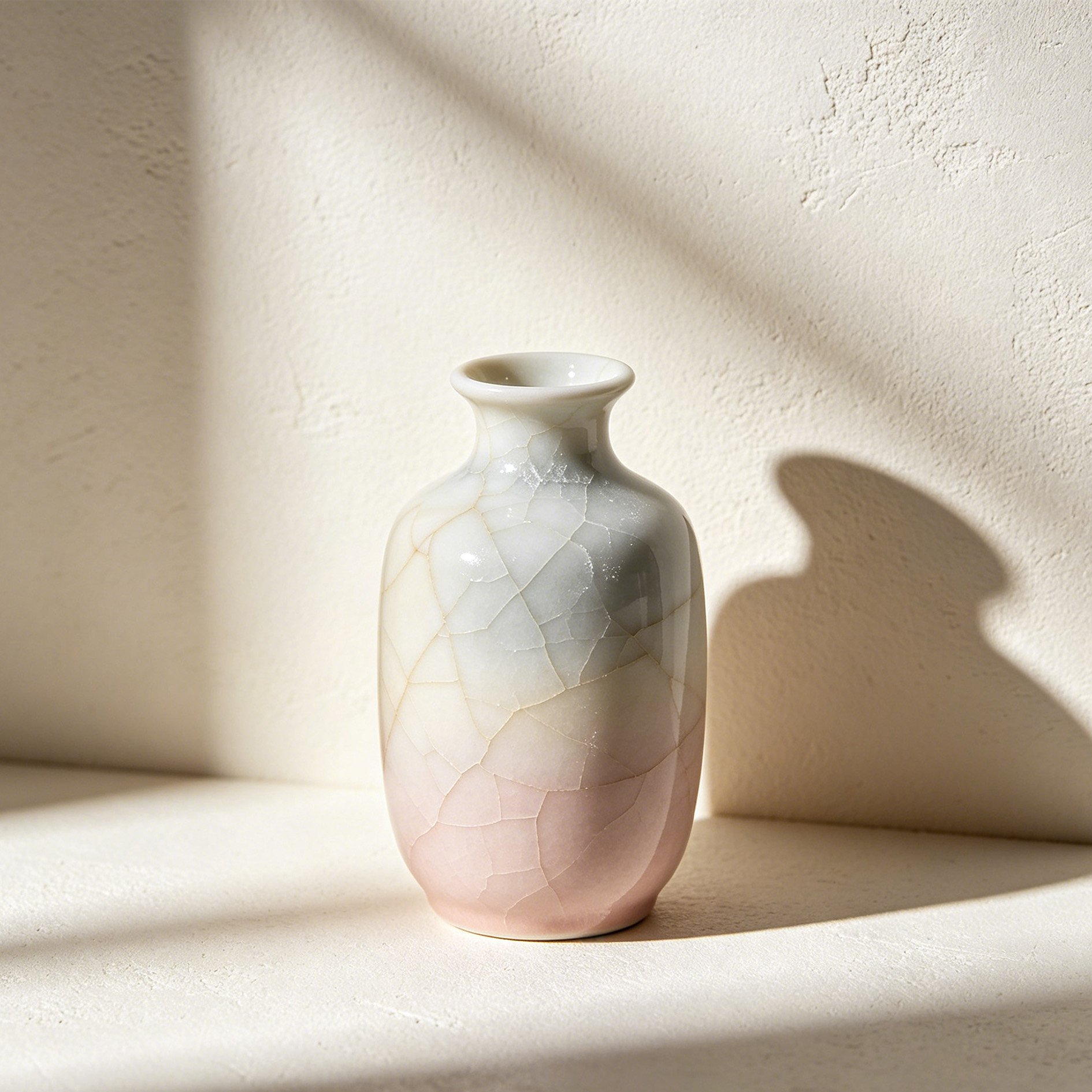 Kleine Keramikvase mit rosa-weißem Farbverlauf und Craquelé-Effekt