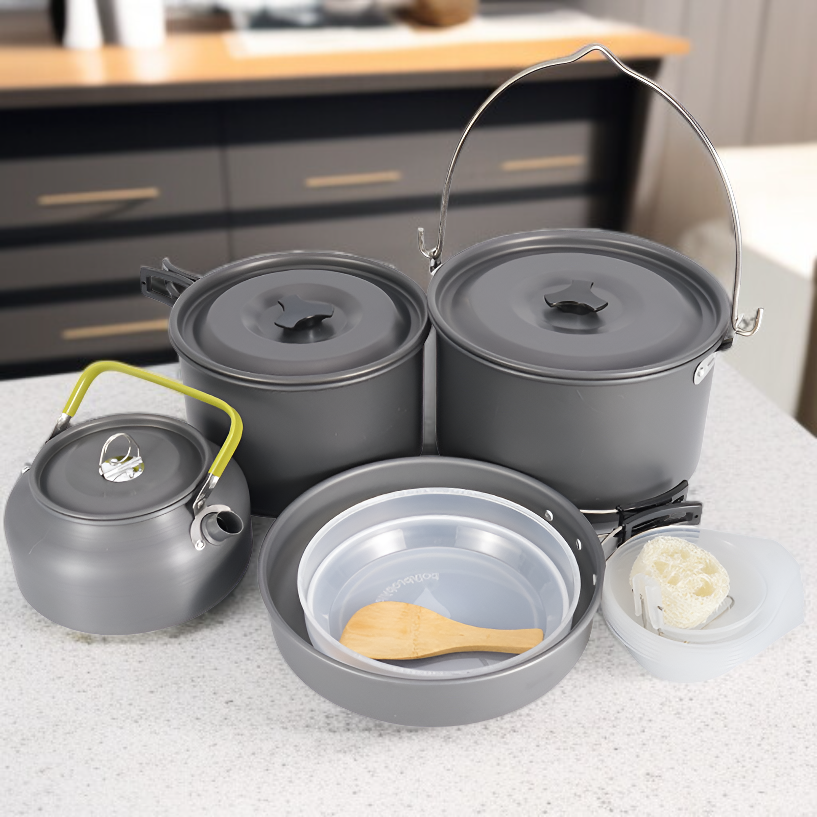 Picknick-Kochset für Familie, 5-6 Personen, Antihaft-Kessel und Topfset