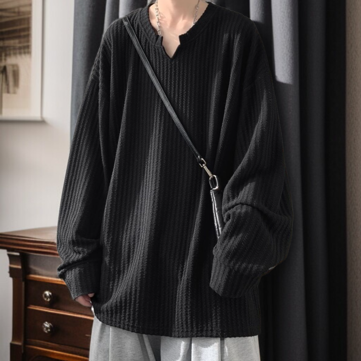 メンズ高級感長袖Tシャツ 2024秋冬新登場 痞帅スタイル ゆるめ 白インナー