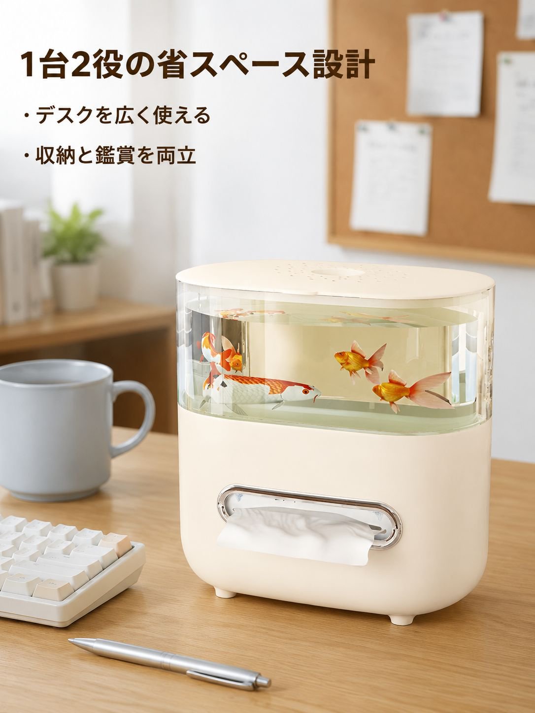 高付加価値、多機能、透明、水槽型デザインの卓上ティッシュボックス。大容量で二層構造。