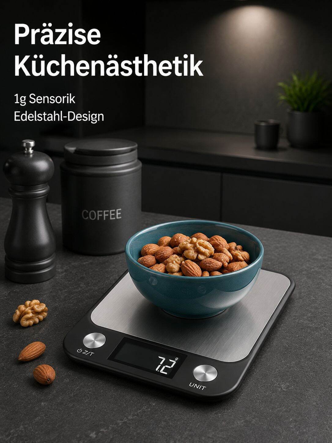 Hochpräzise Edelstahl Küchenwaage in moderner Küche