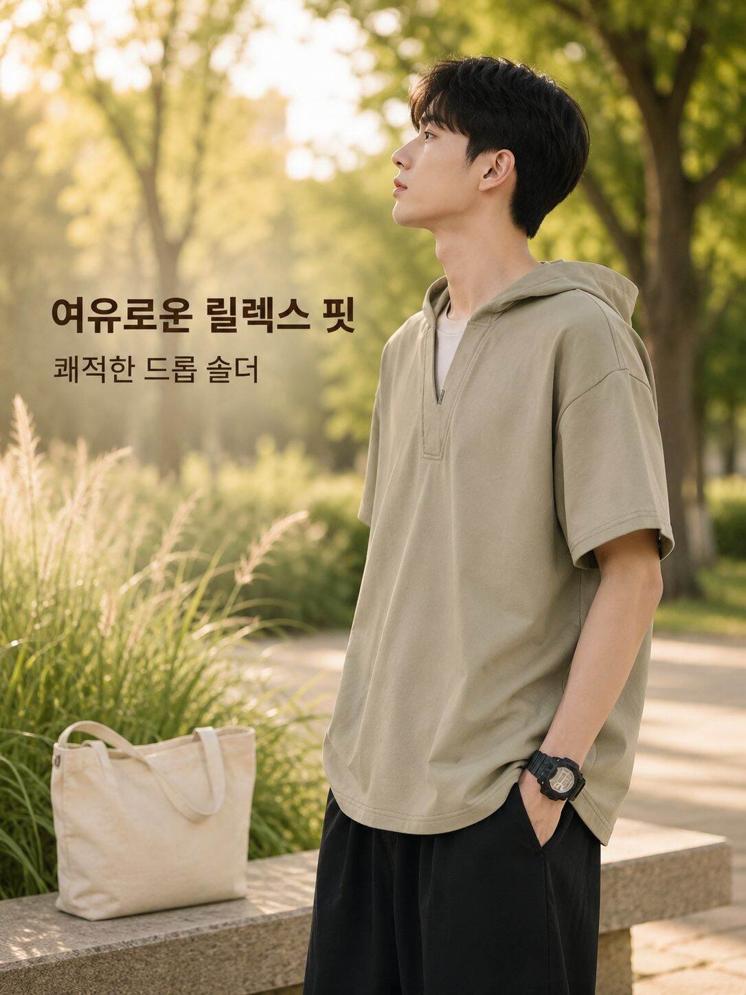 남성용 후드 반팔 V넥 반오픈 티셔츠