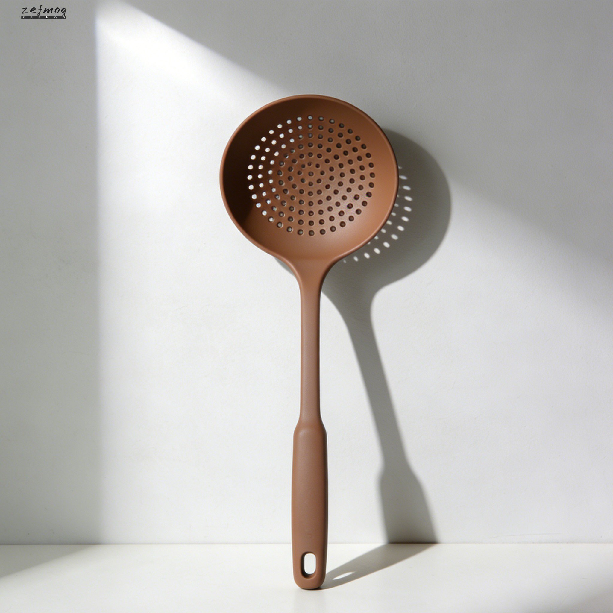 丈夫なステンレス製の穴あきスプーンのアップ