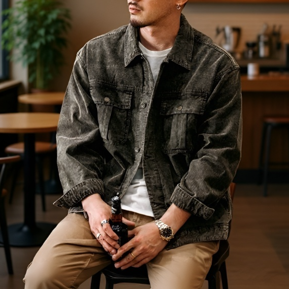 남자 헤비 박시 데님 상의 코트 카고 점퍼 박시 사파리 점퍼