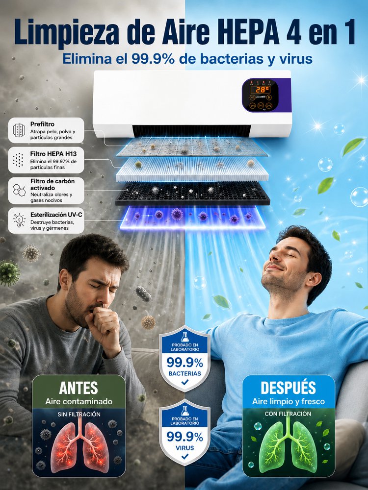 Climatizador Portátil Sin Instalación | Frío en 30s, Ahorra 75% de Luz | 4 en 1