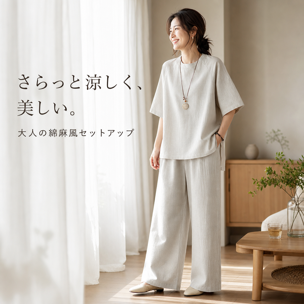 夏の快適ワイドパンツセット（半袖トップス＋ハイウエストパンツ）