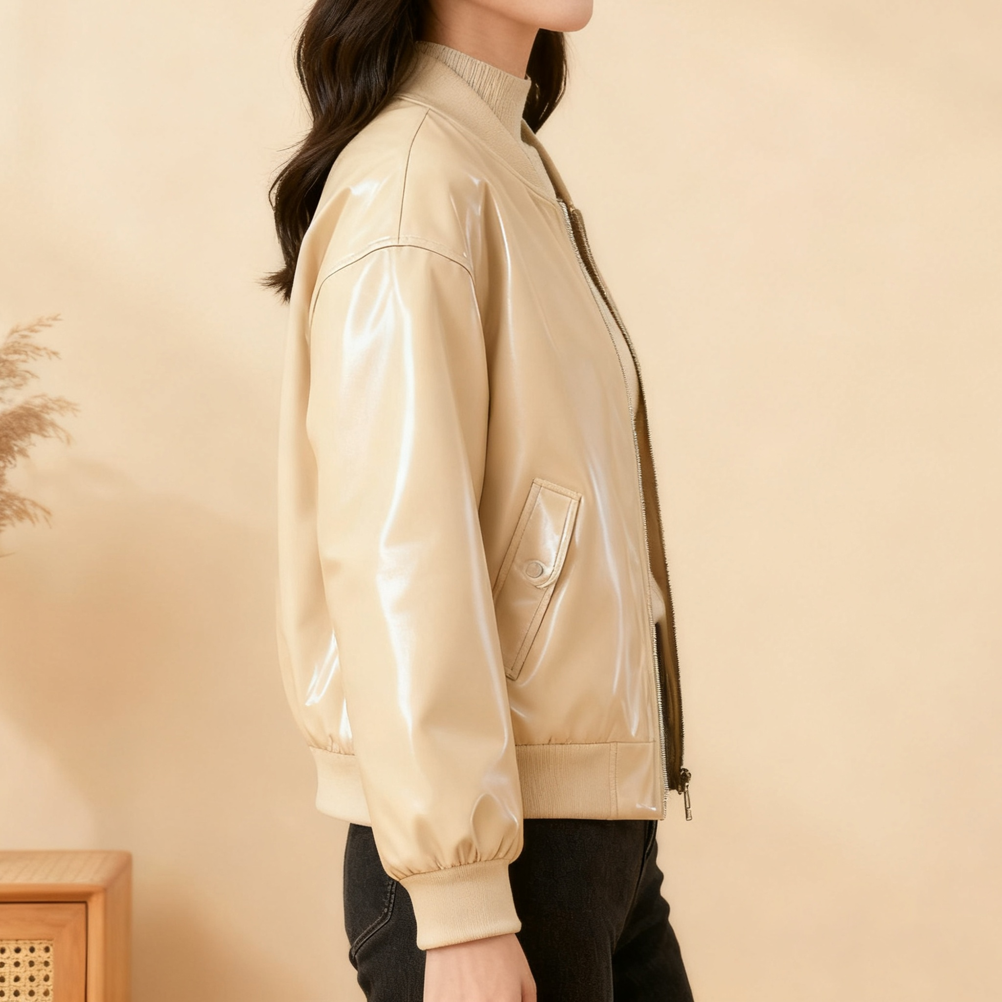 베이지 여성용 패션 숏 항공 재킷