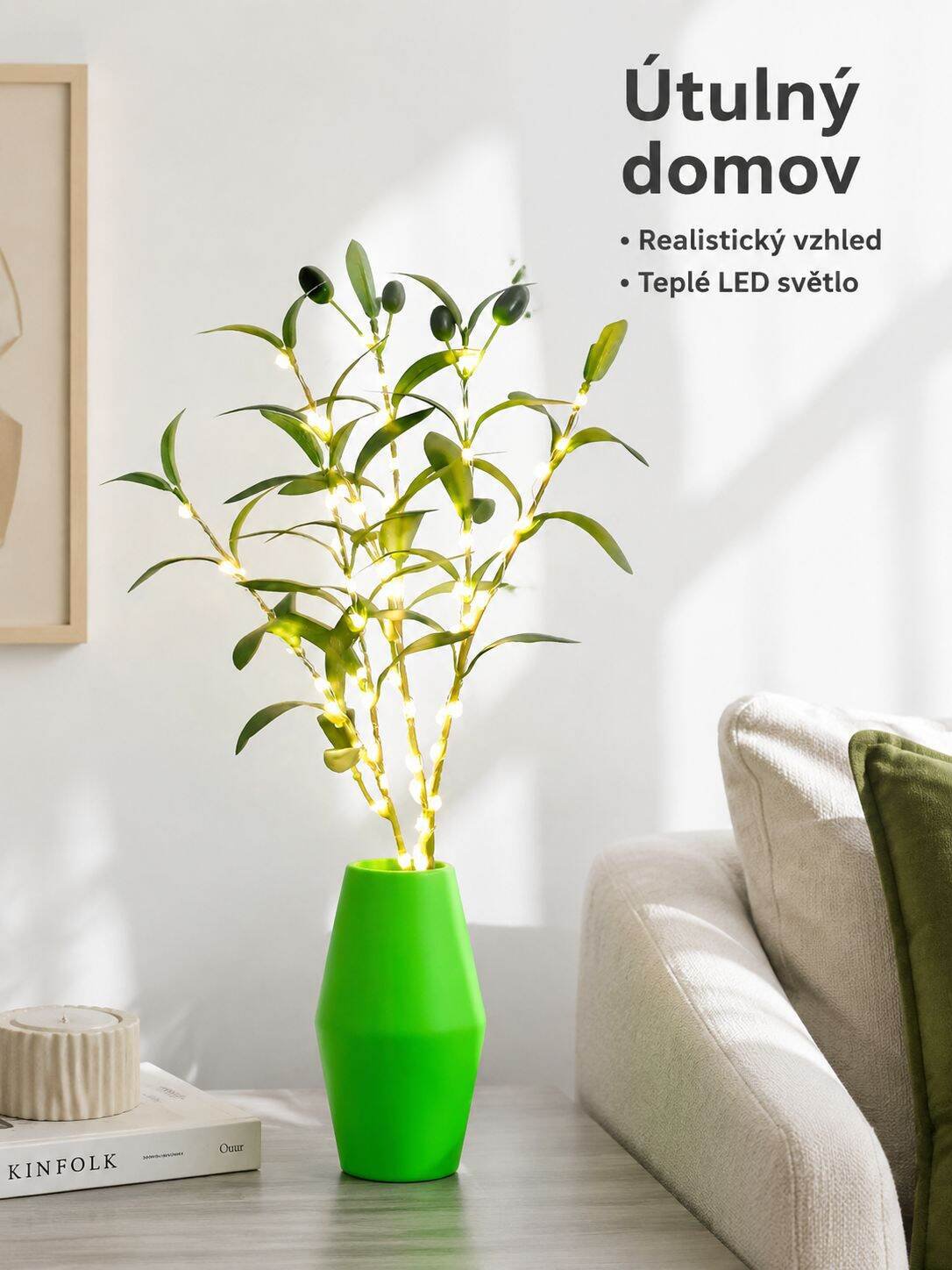 Dekorativní zelená oliva větev se světly – umělá rostlina do domácnosti