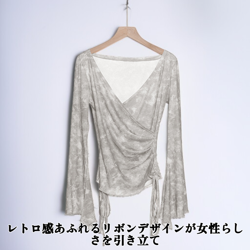 レトロなリボンデザインが特徴的なタイダイ柄の長袖トップス