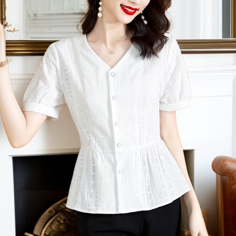 여름 신상 패셔너블하게 배를 가리는 중년 엄마 허리띠를 줄여 날씬해 보이는 블라우스녀