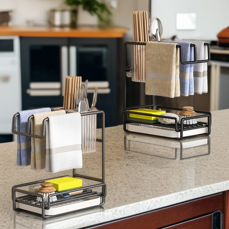 ที่วางของอเนกประสงค์สแตนเลสสำหรับก๊อกน้ำในครัว พร้อมลูกบอลลวดและผ้าเช็ดจาน