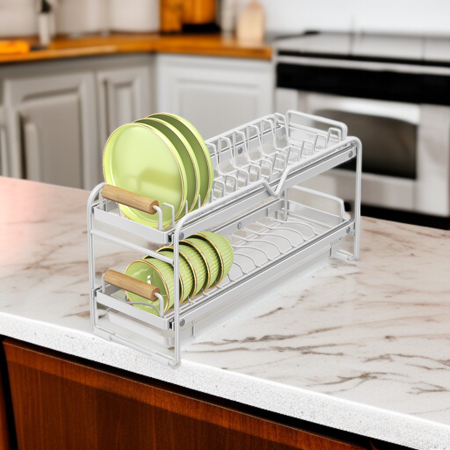 Kitchen Plate and Bowl Organizer, Adjustable Non-Slip Dish Rack