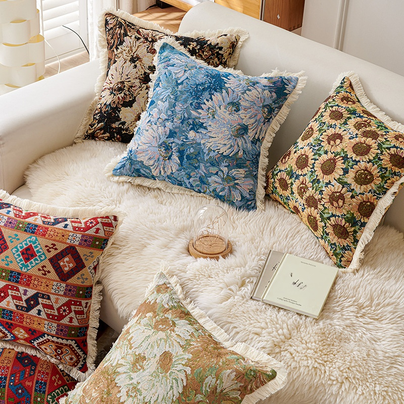 Coussin décoratif rétro en coton et lin