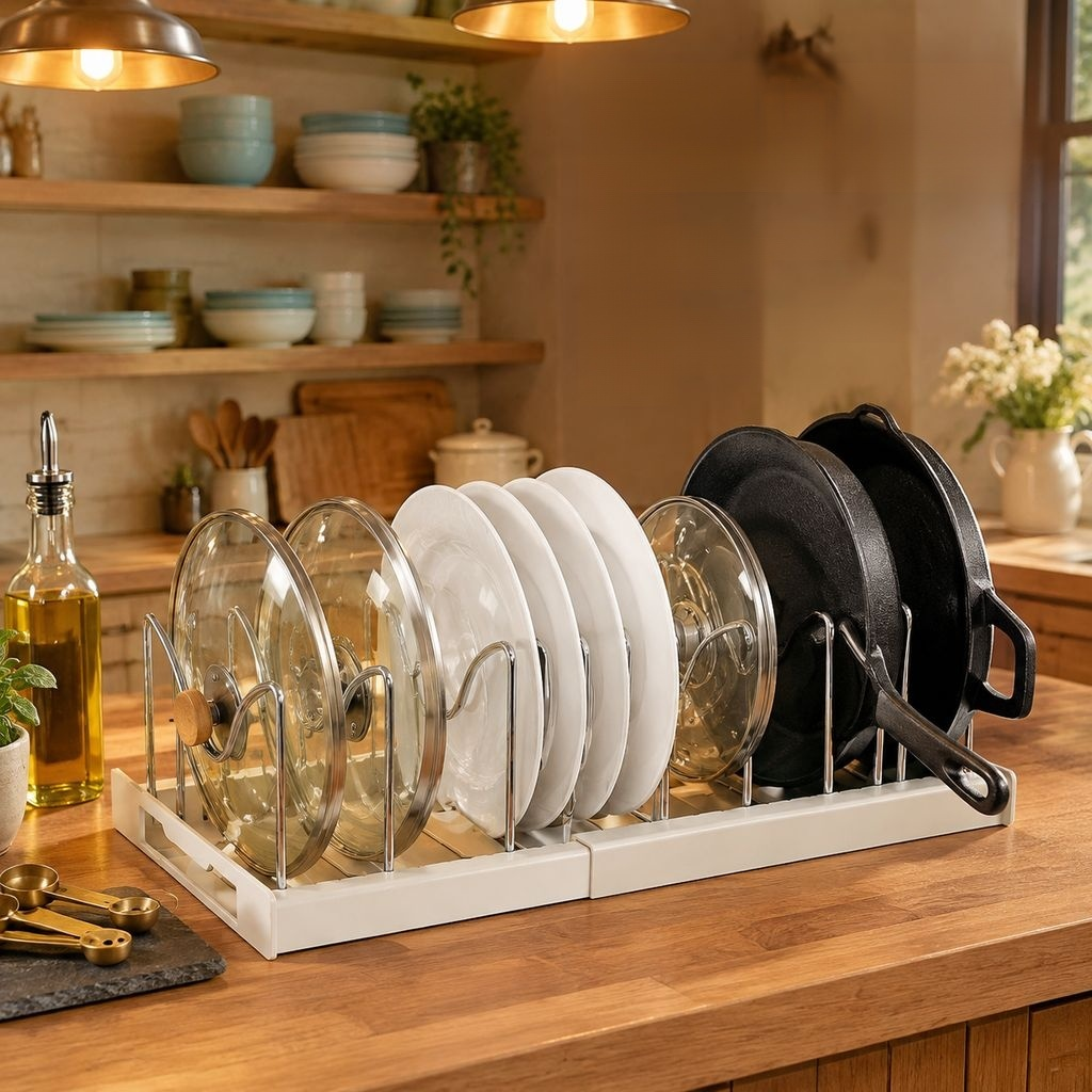 Adjustable Expandable Stainless Steel Pot Lid Rack & Pan Dish Organizer