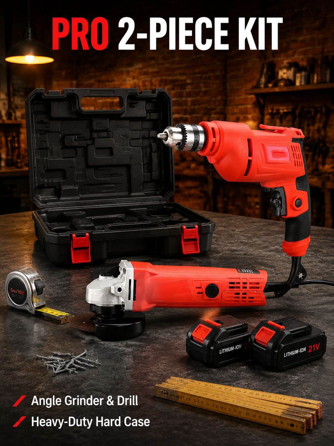 Multi-Function 2-Piece Cordless Drill & Angle Grinder Home Tool Kit with Hard Case