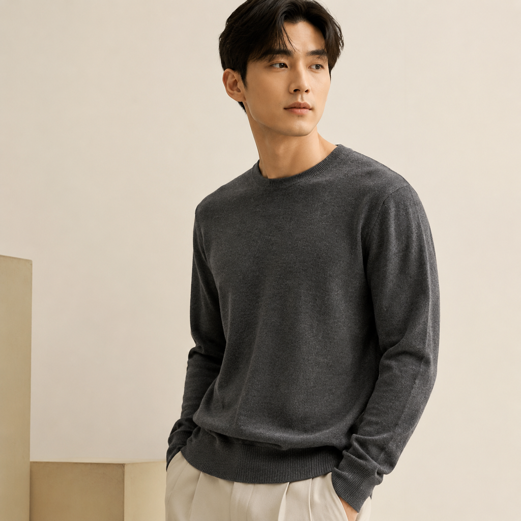 남성용 얇은 라운드넥 니트